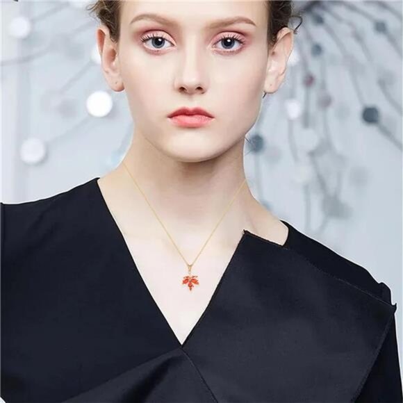 Crystal Maple Leaf Necklace | Sparkly Orange Red Pendant | Elegant Fall Jewelry - Picture 2 of 5